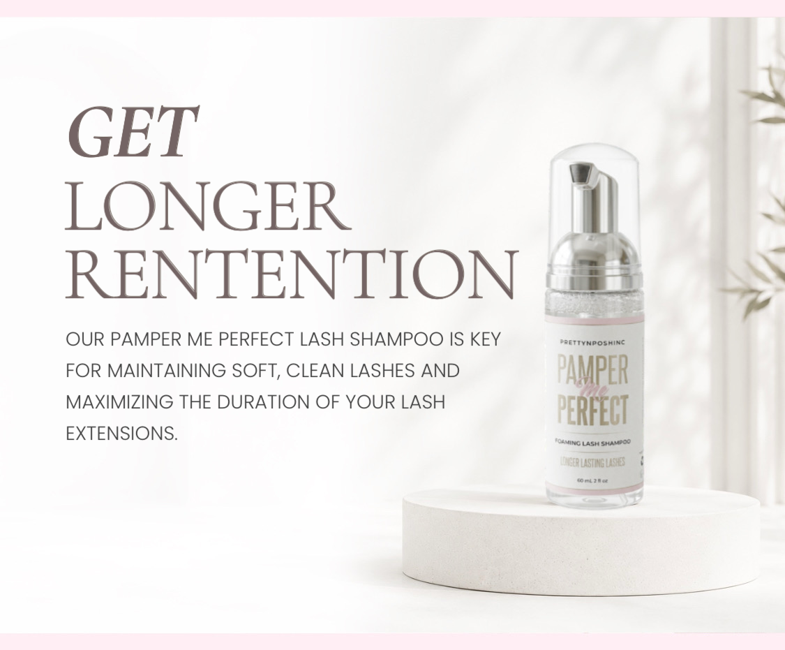Lash shampoo bottle with promotional text on a white background